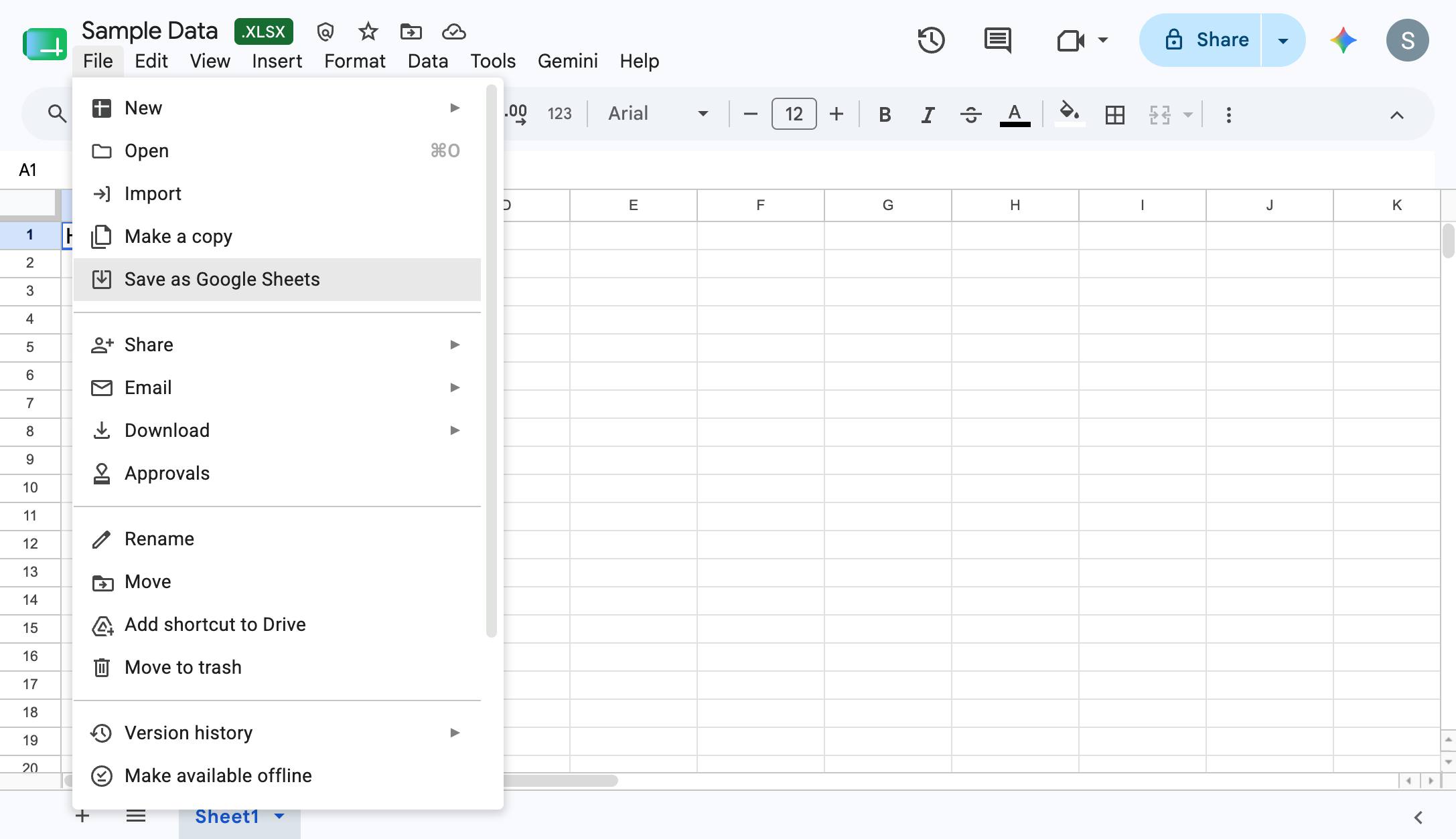 Click "Save as Google Sheets"