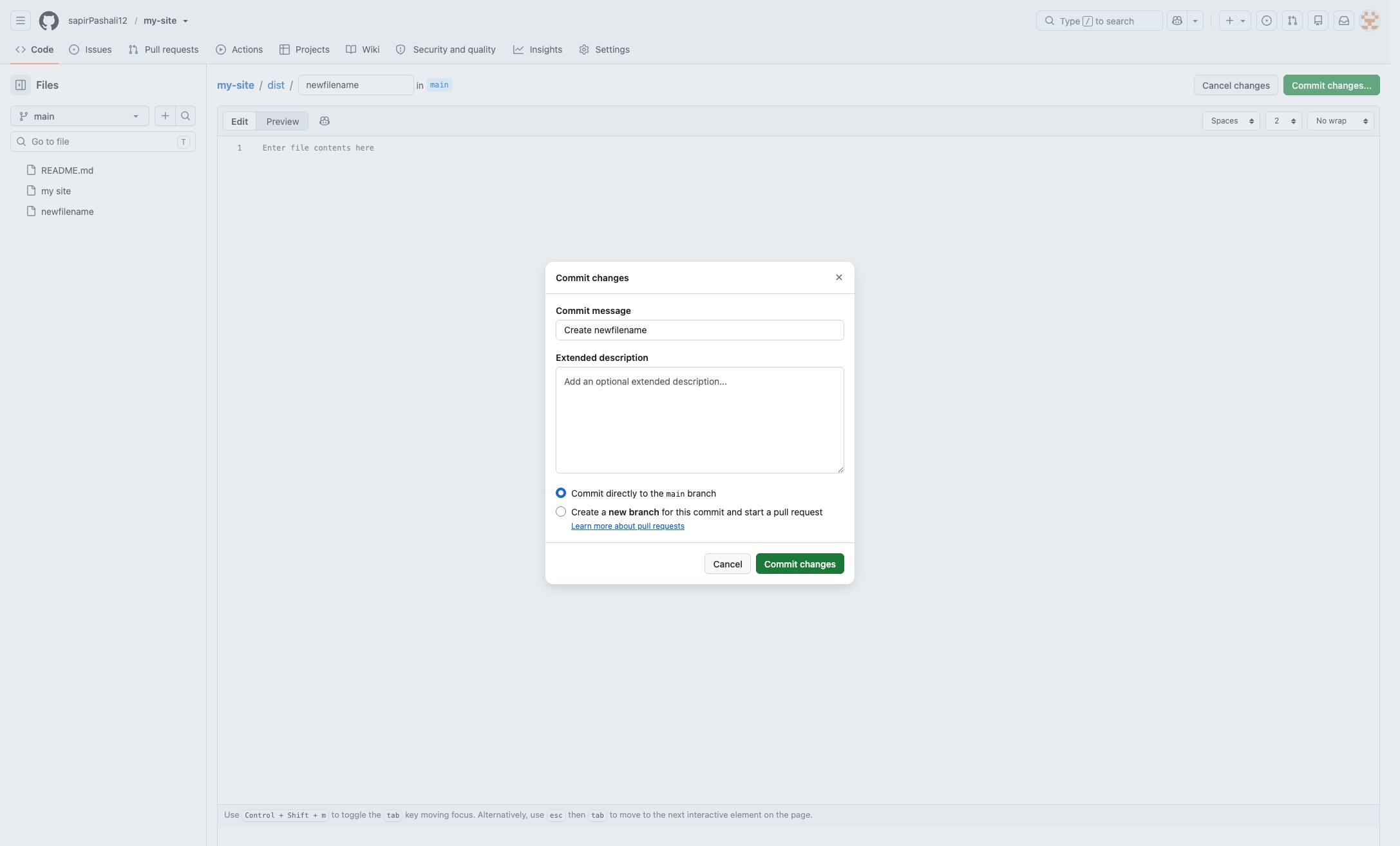 最後に、「Commit new file（新しいファイルをコミット）」を押して変更を確定させます。