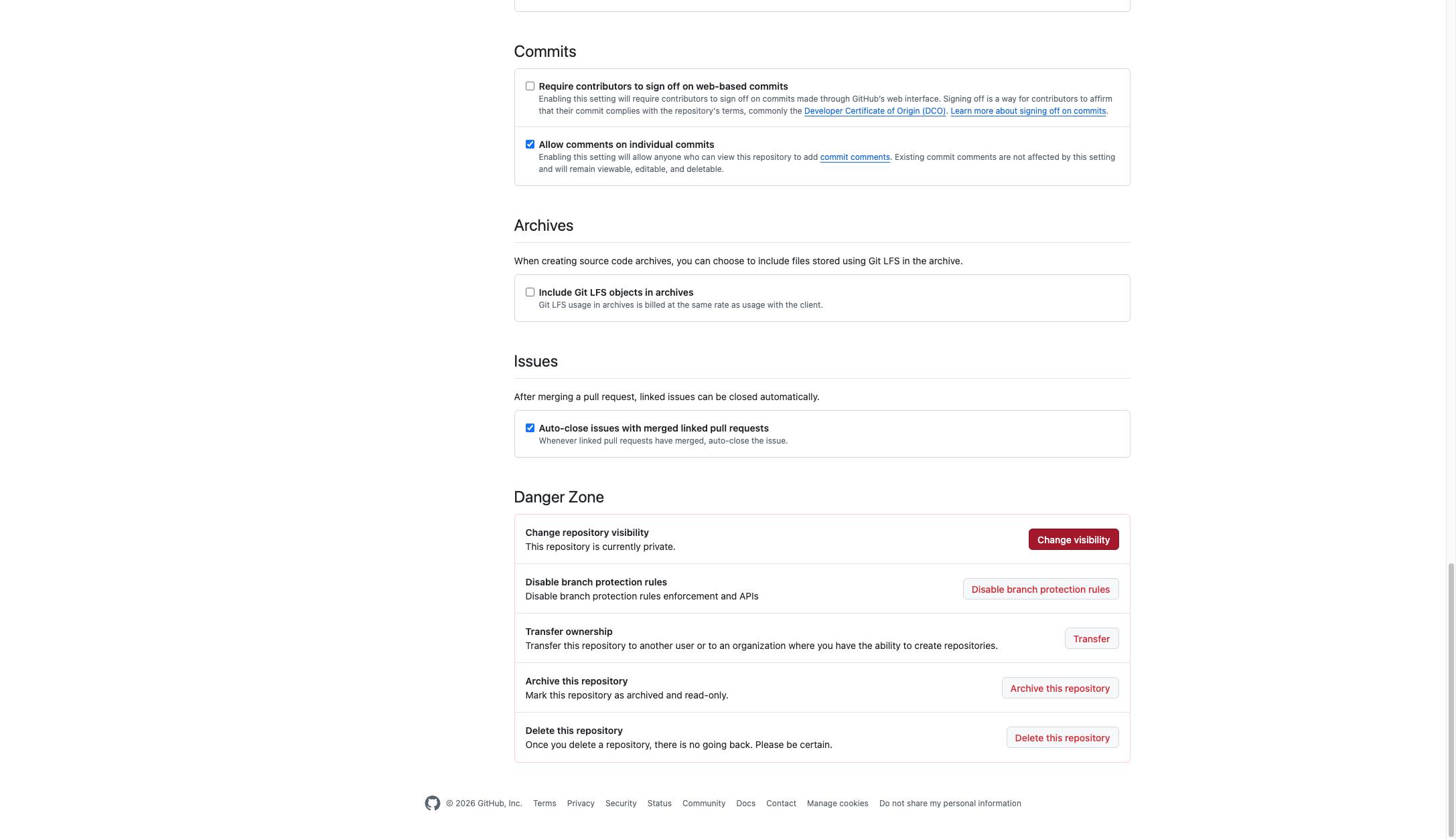 「Danger Zone」まで一番下にスクロールし、「Change visibility」をクリックします。
