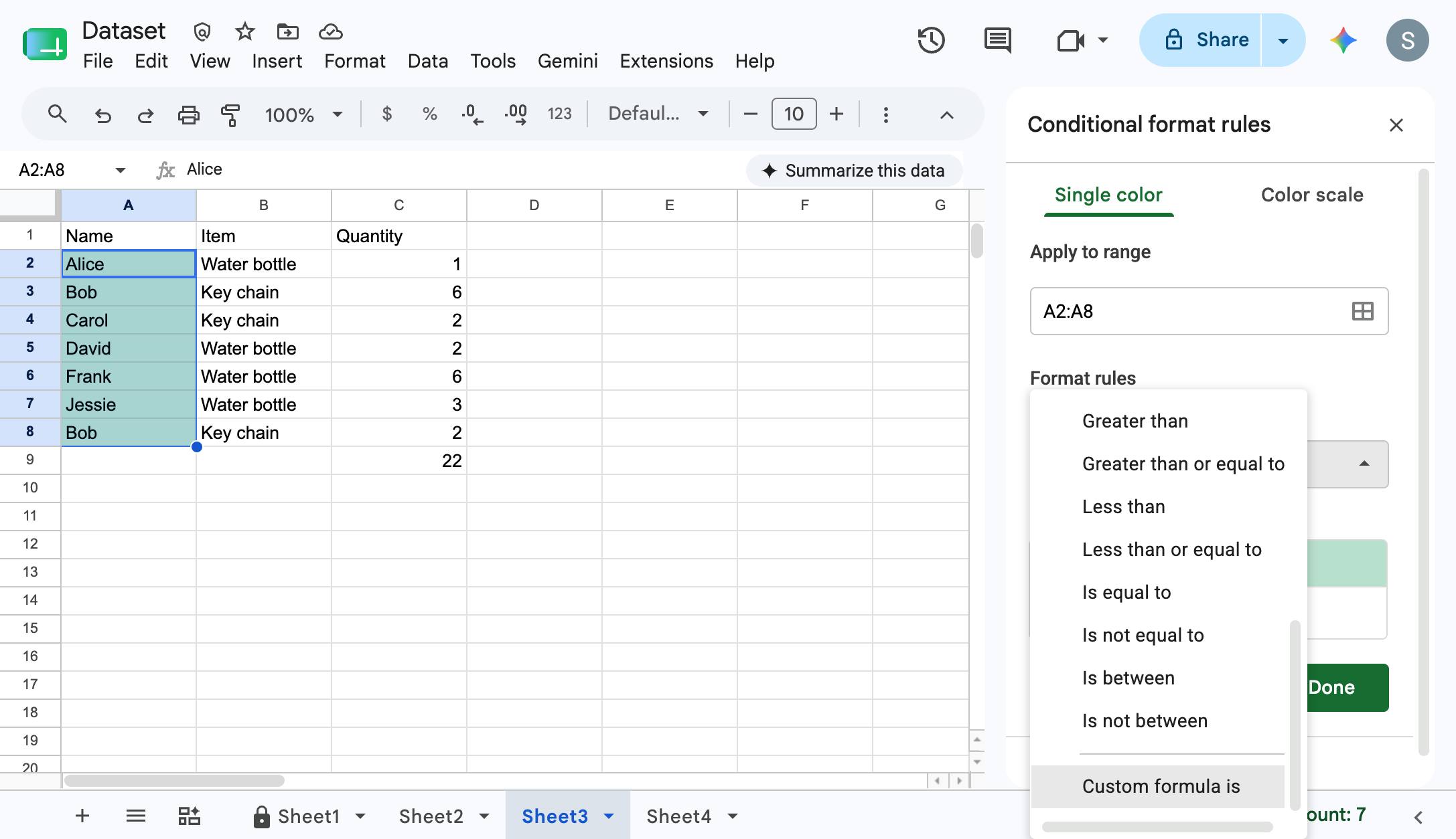 Open up the "Format cells if..." field and click "Custom formula is"