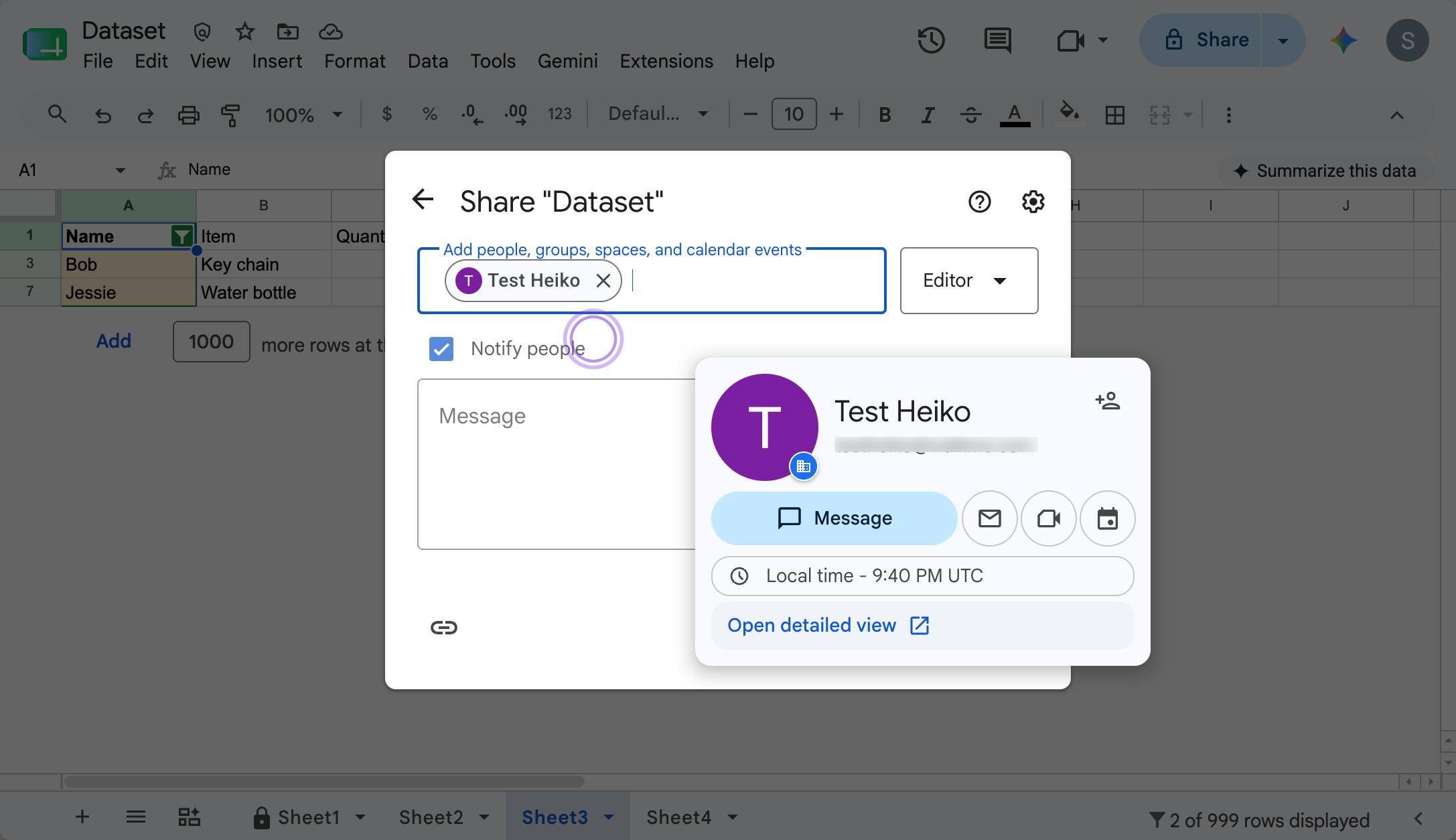 Type in the email of the person you'd like to share your Sheet with