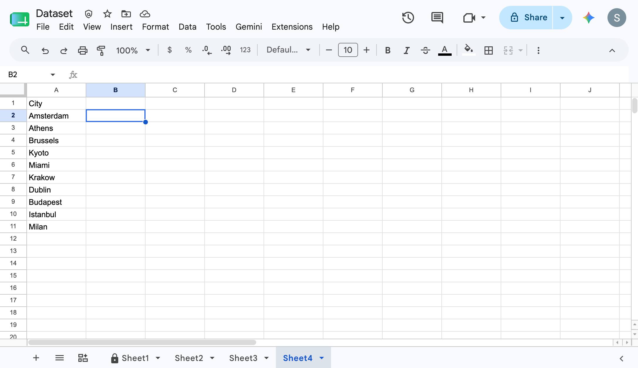 Click on a blank cell in the Sheet