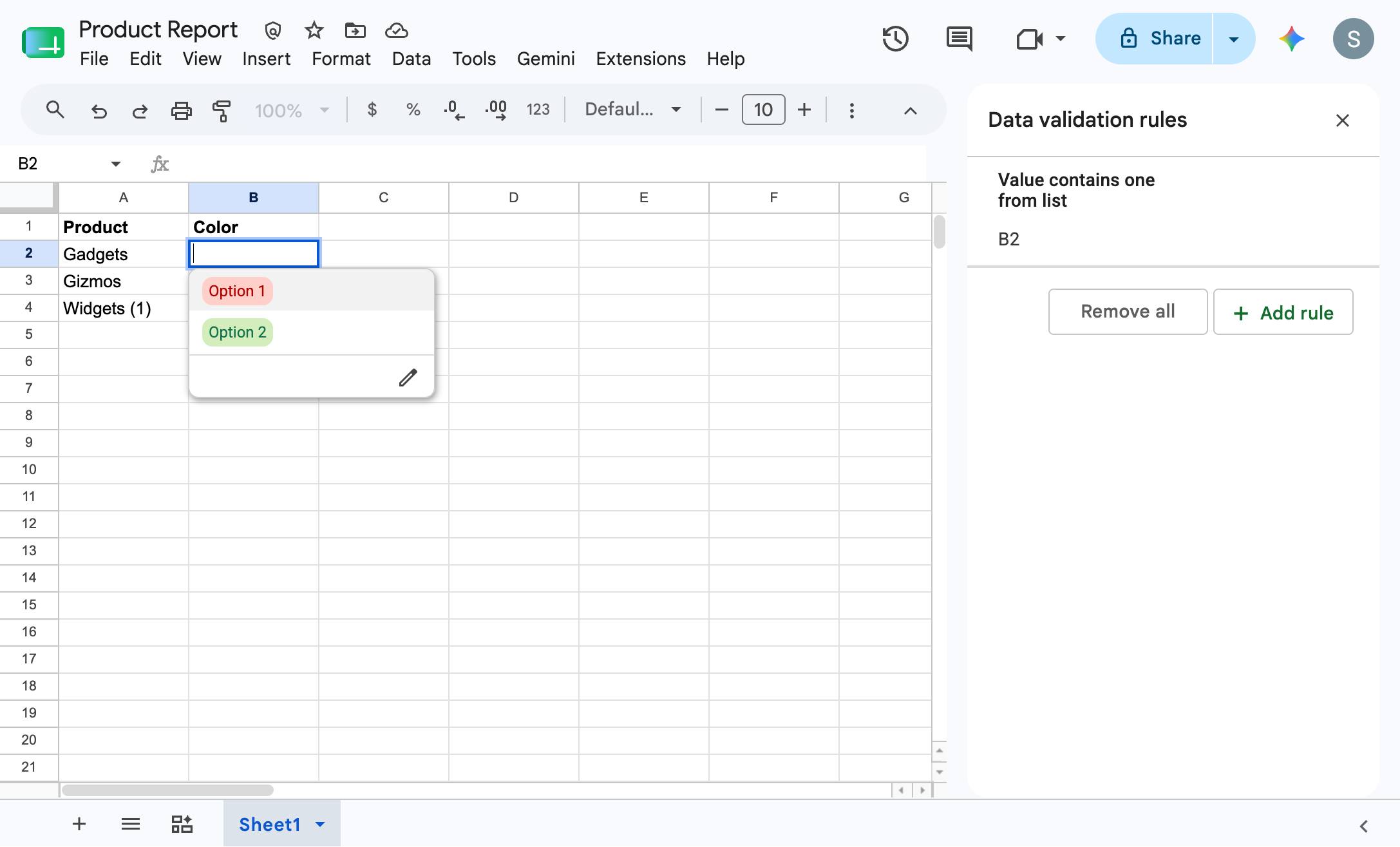 確認してみましょう！これでGoogle Sheetsに項目のリストができました。プルダウンアイコンを選択して、リストをテストします。  