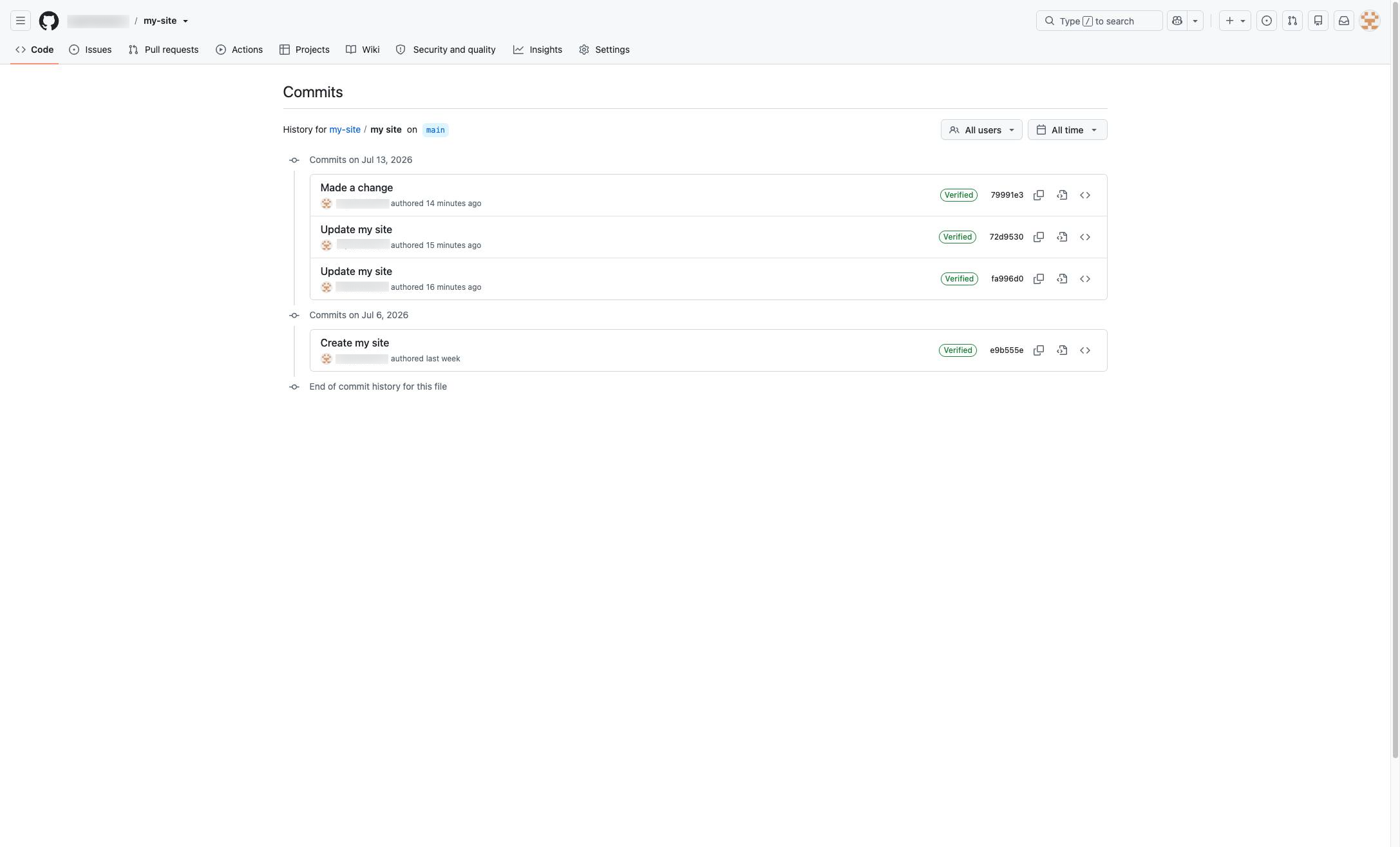 ここから、GitHub上のコミット履歴を一覧で確認できます