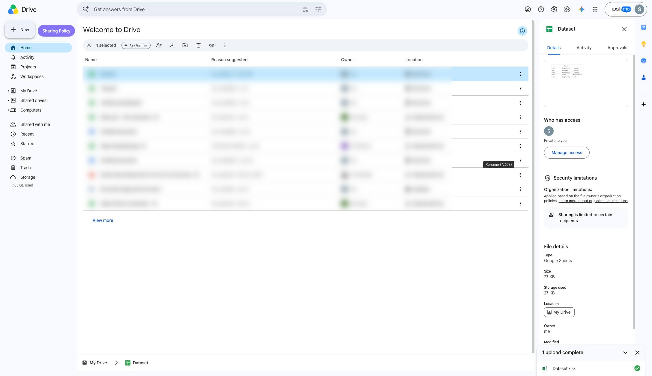 Upload the excel or csv manually, or simply click and drag it into your Google Drive folder if you have it handy