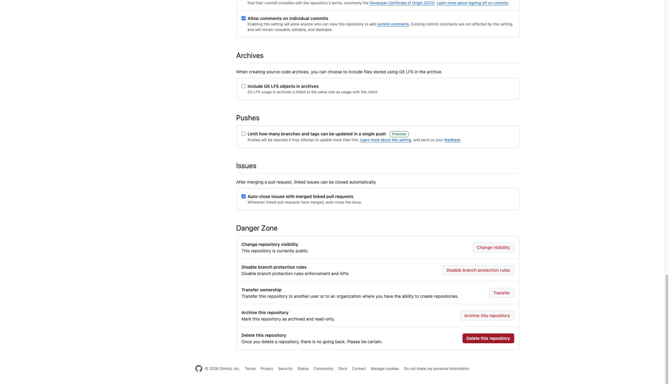 Next, scroll all the way down to the bottom of the page and hit Delete this Repository.