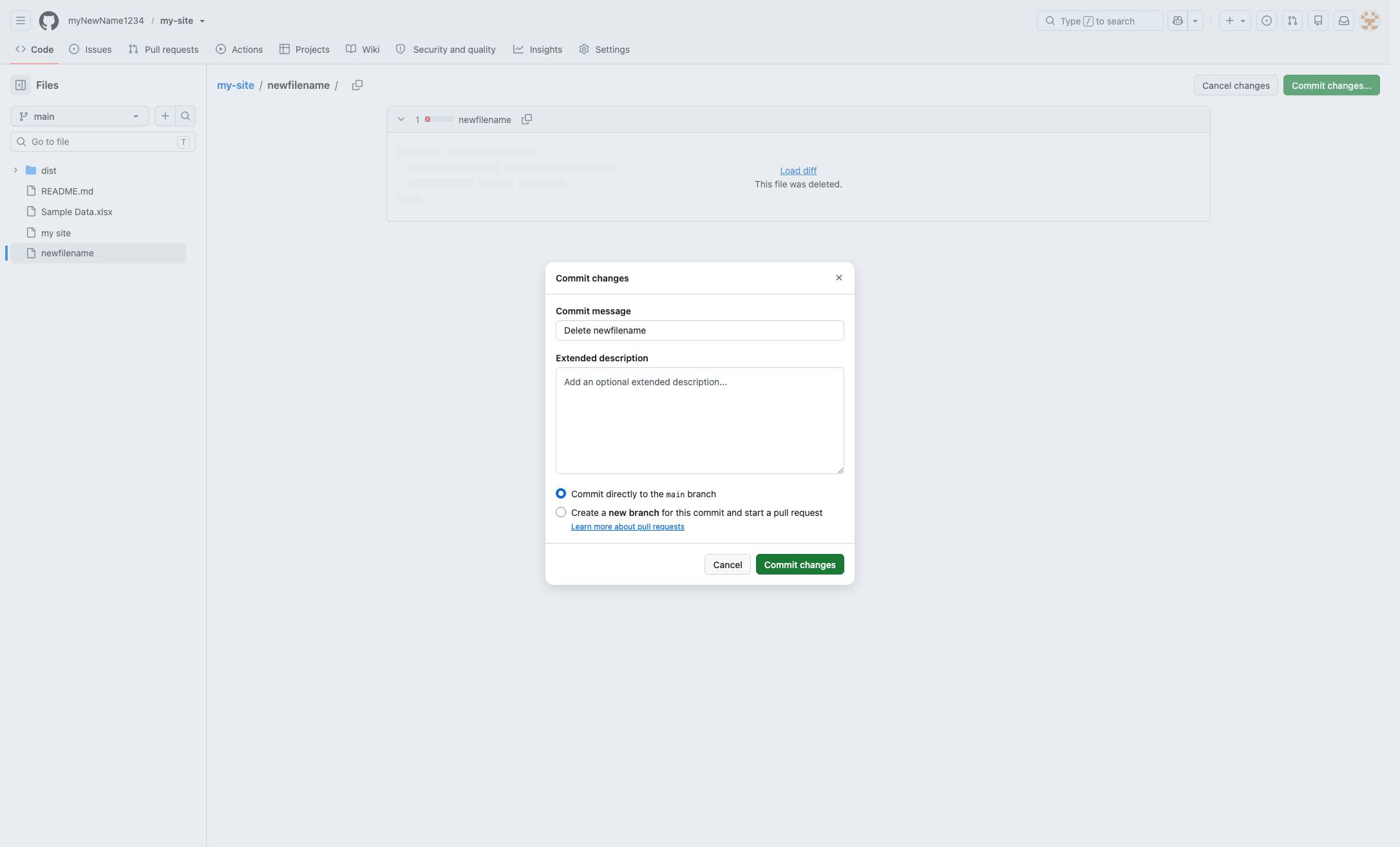 Add a description if you want, and click Commit changes when you are done.