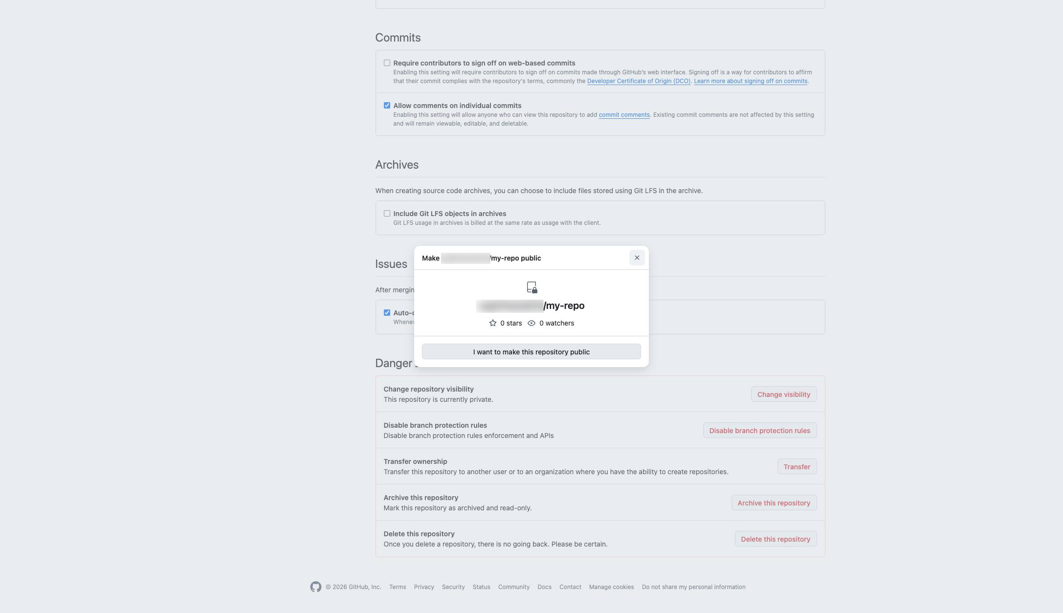 「I want to make this repository public」ボタンをクリックします