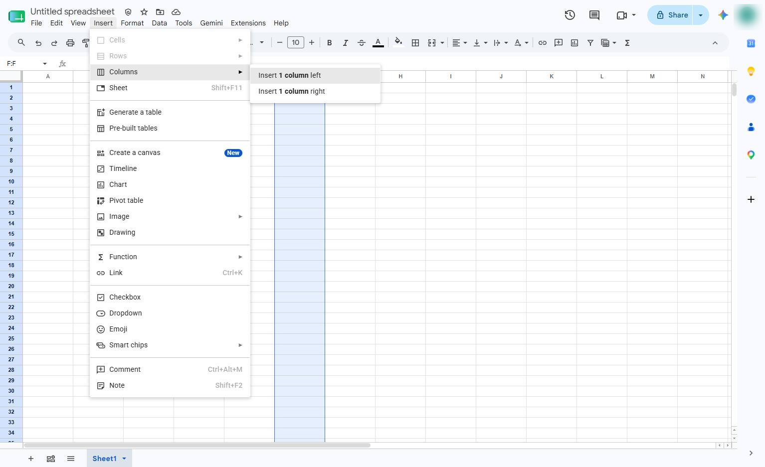 Select the Insert 1 column left option