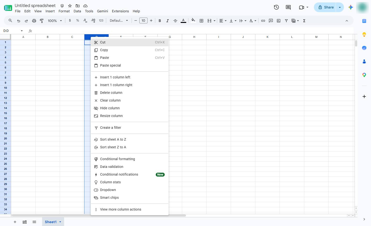 Click the column F header