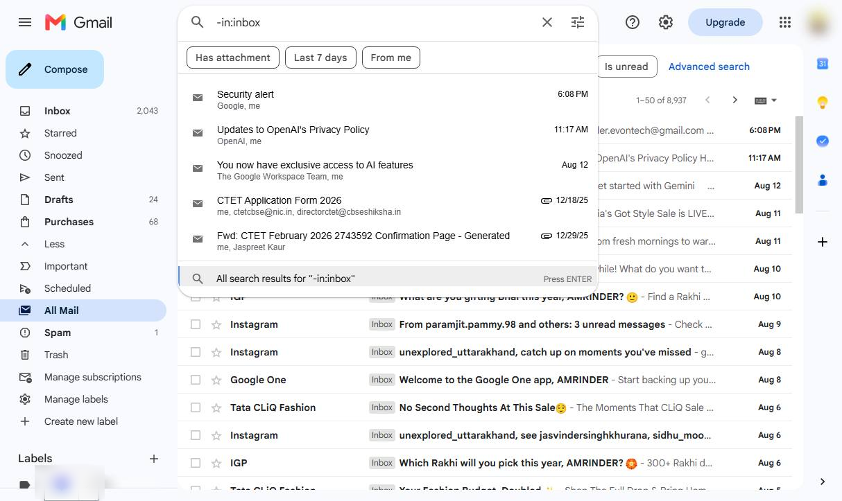 Click "All search results for '-in:inbox