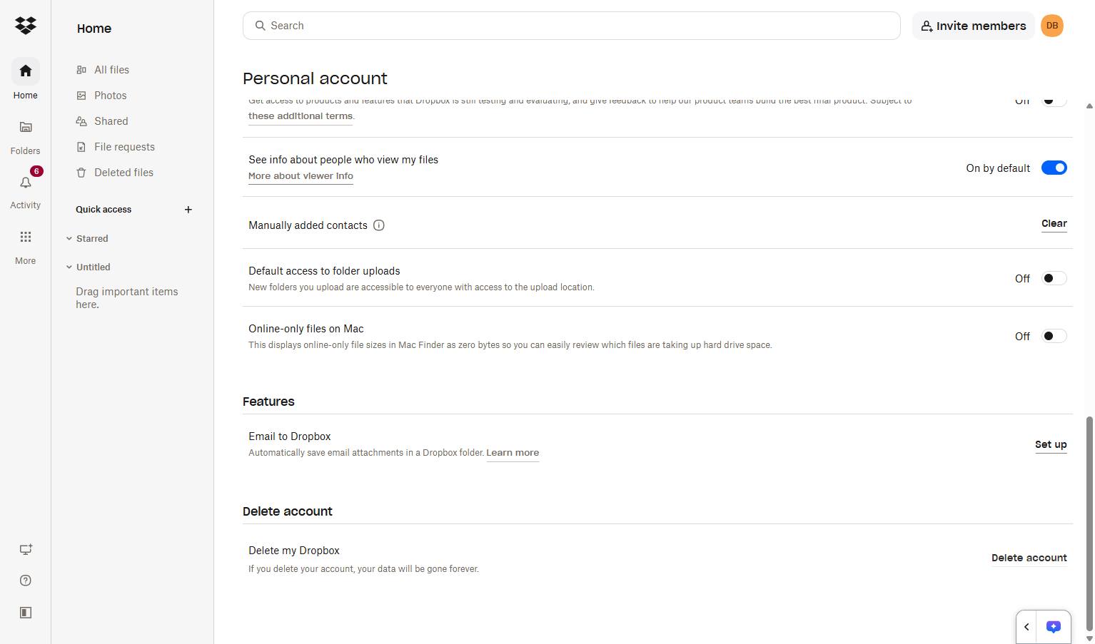 「Delete account」をクリック