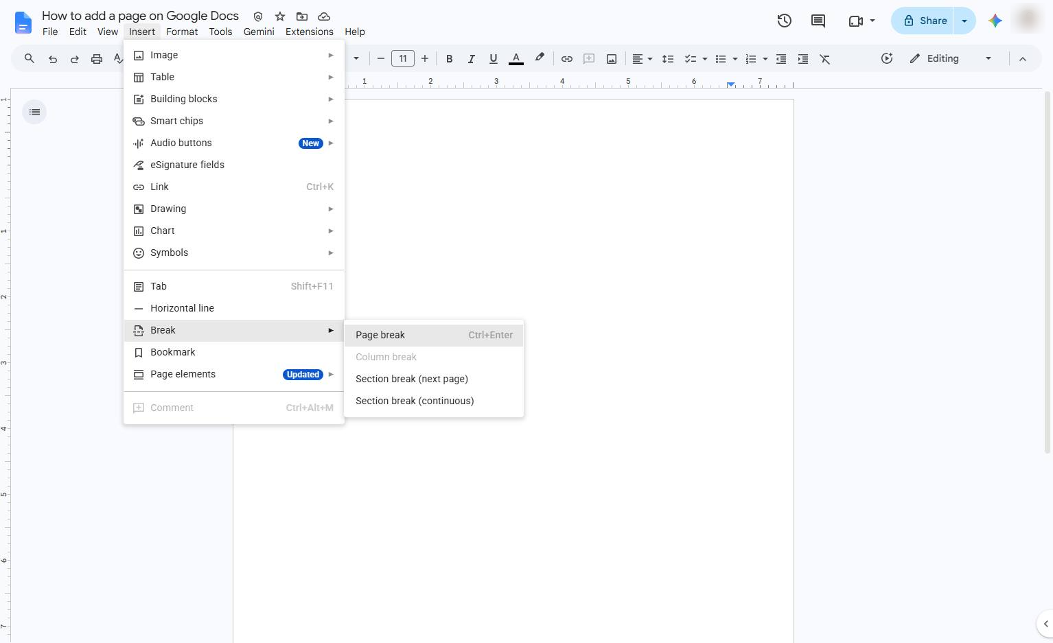 Select the Page break option