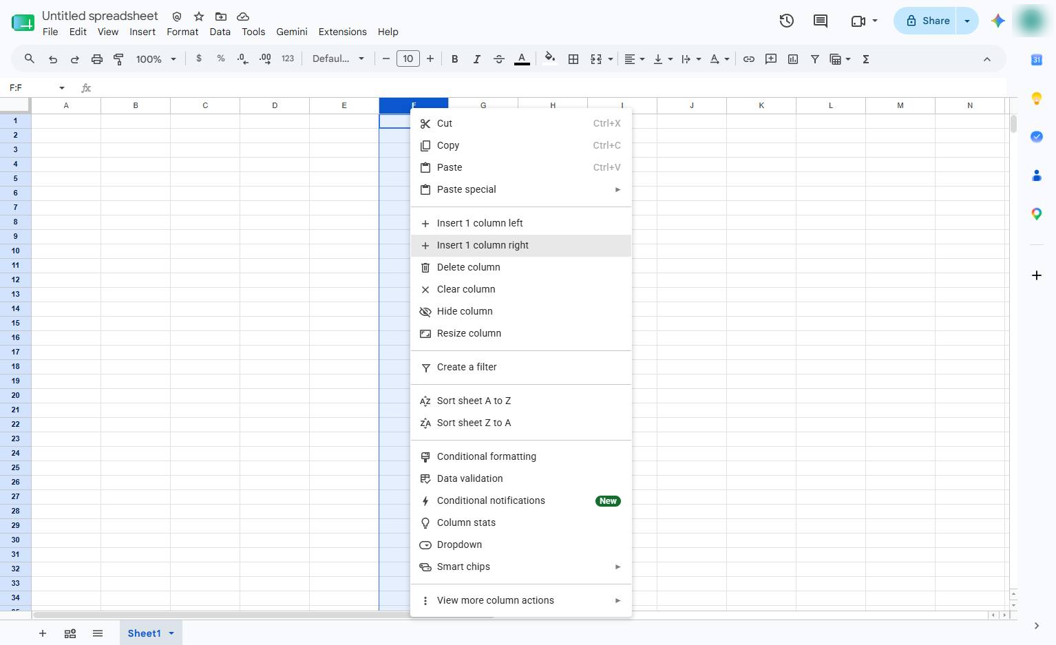 Click Insert 1 column right