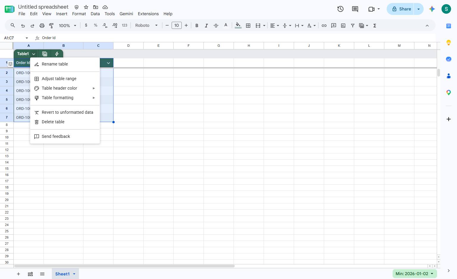 Click the Table 1 dropdown arrow