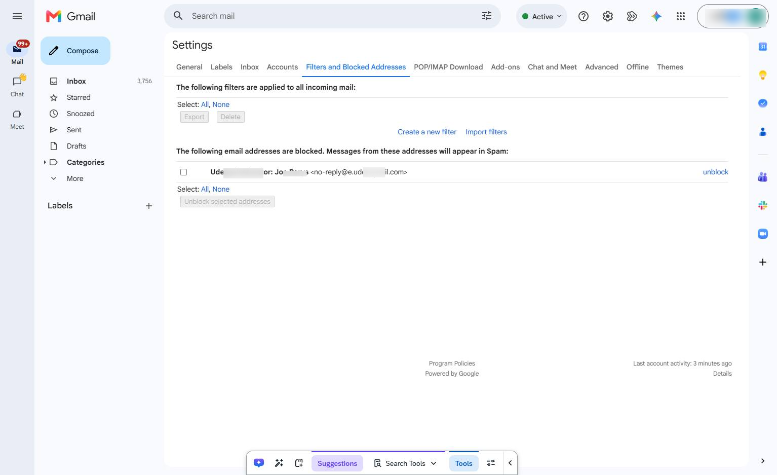 ブロックしたメールアドレスの横にあるチェックボックスをクリックする