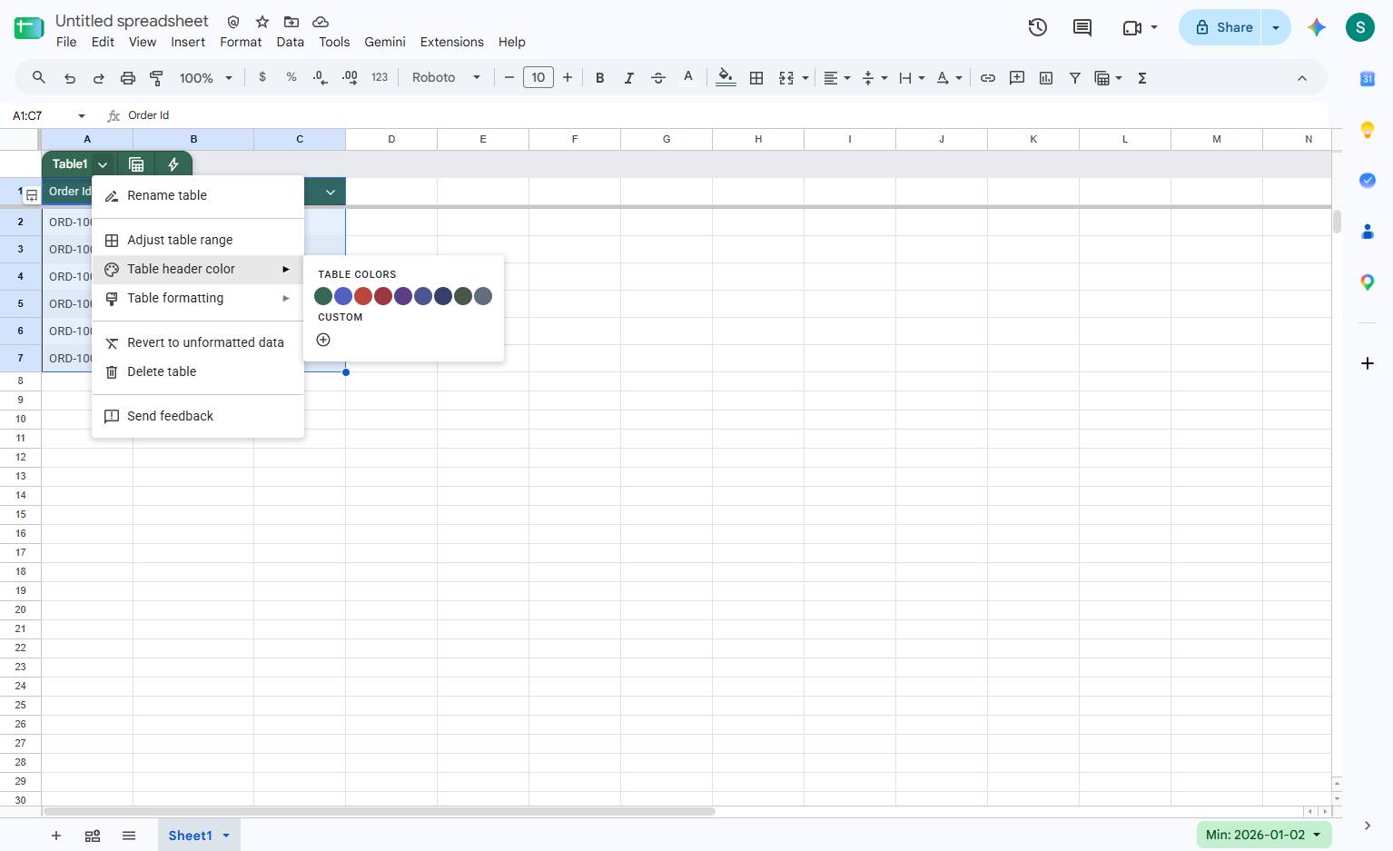 Update table header color