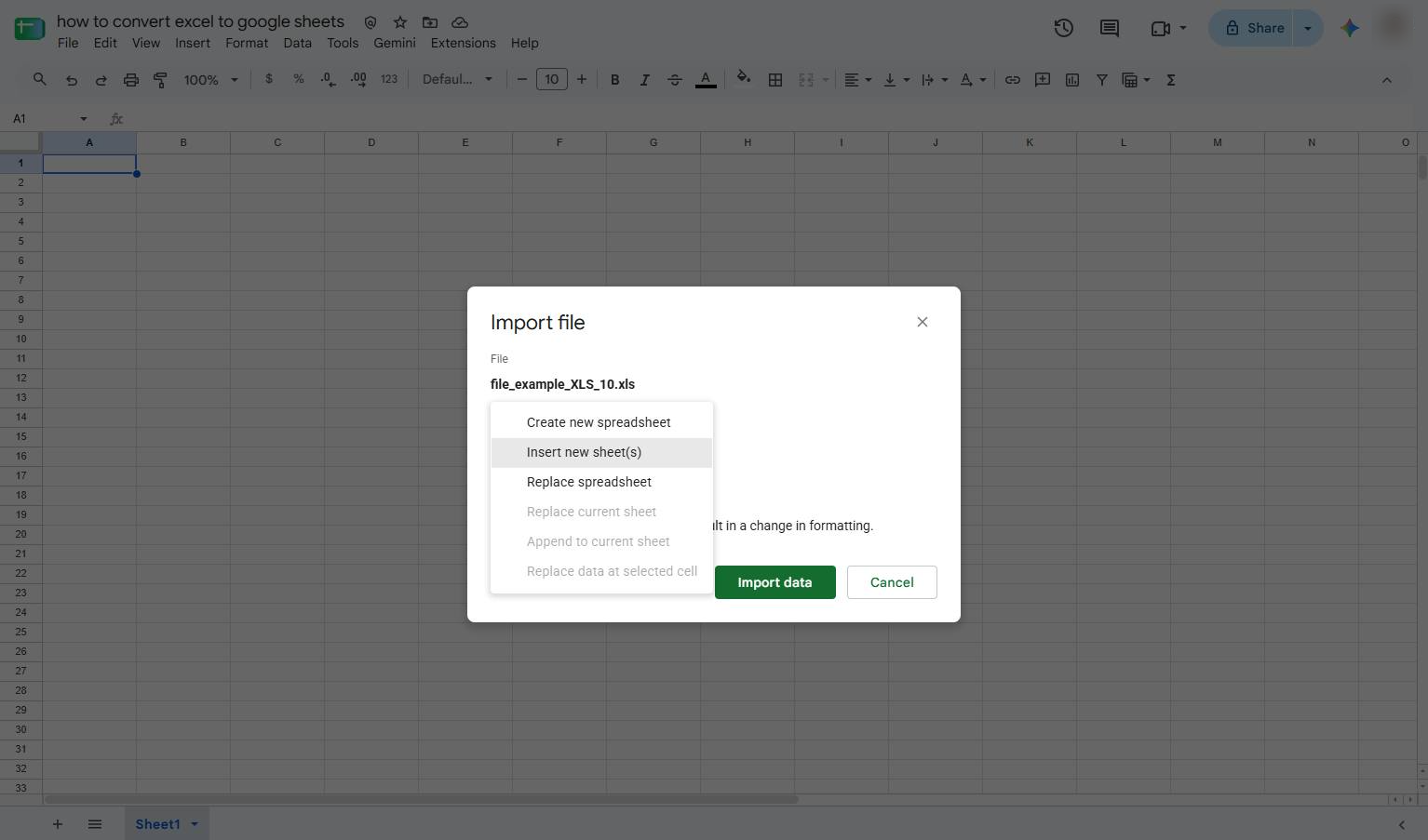 Select the Insert new sheet(s) option