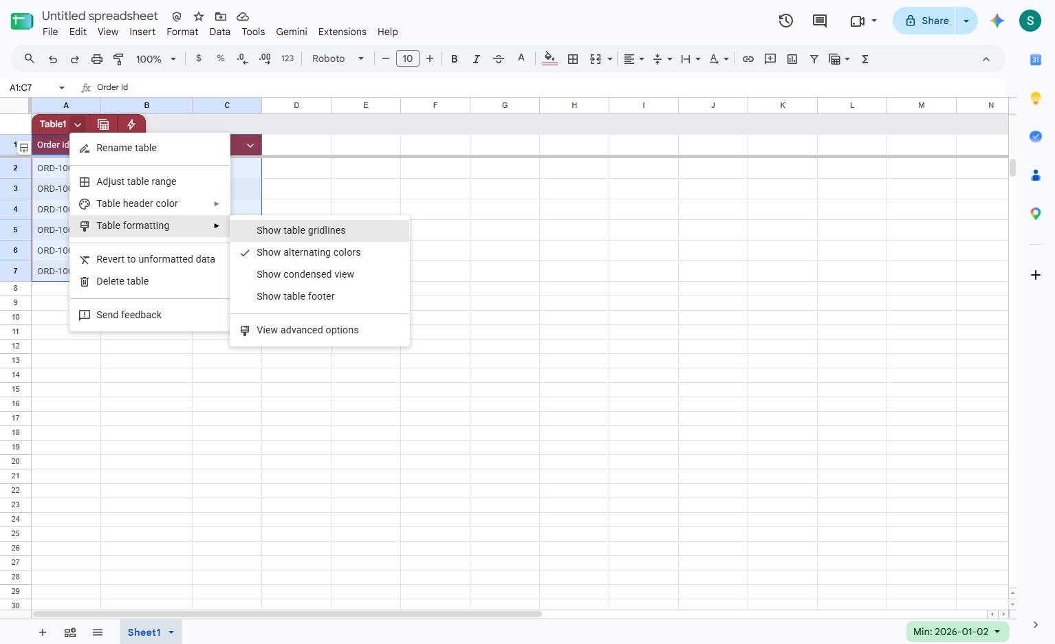 Click the Show table gridlines option
