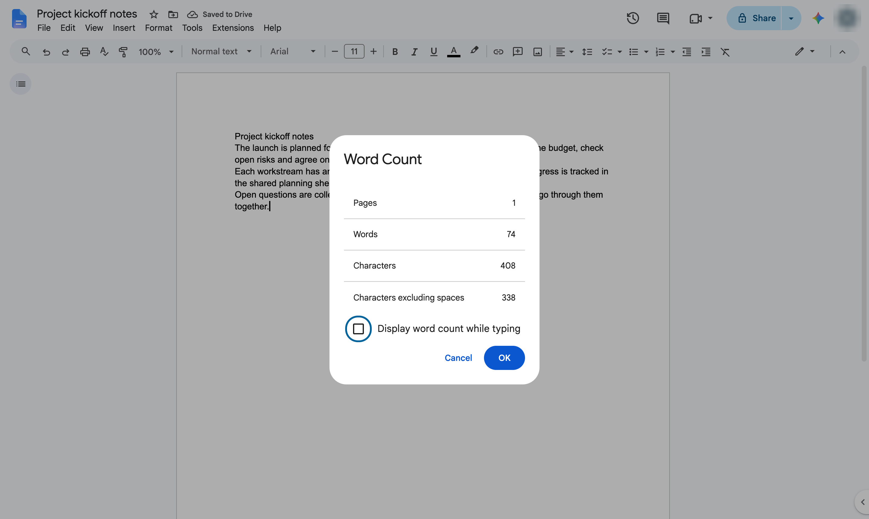 Tick Display word count while typing