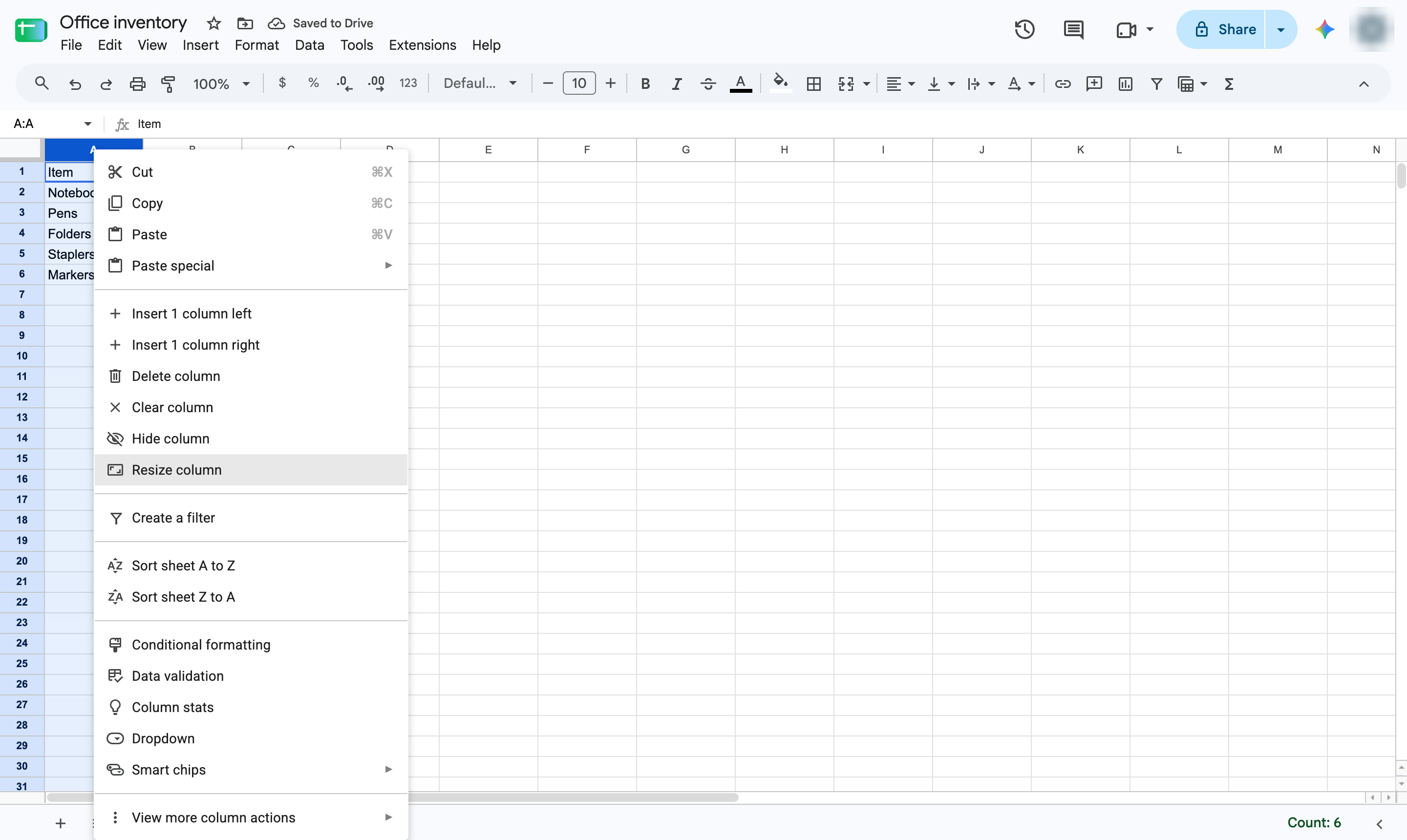 Click Resize column