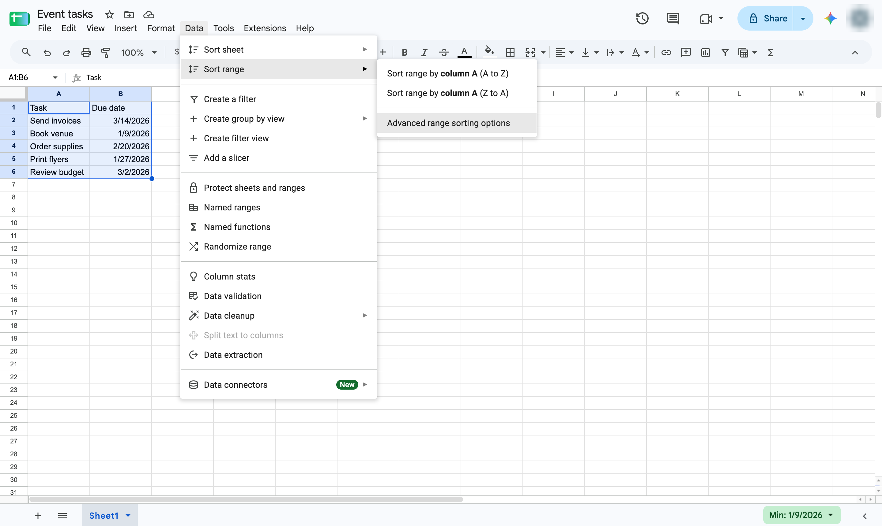 Click Advanced range sorting options