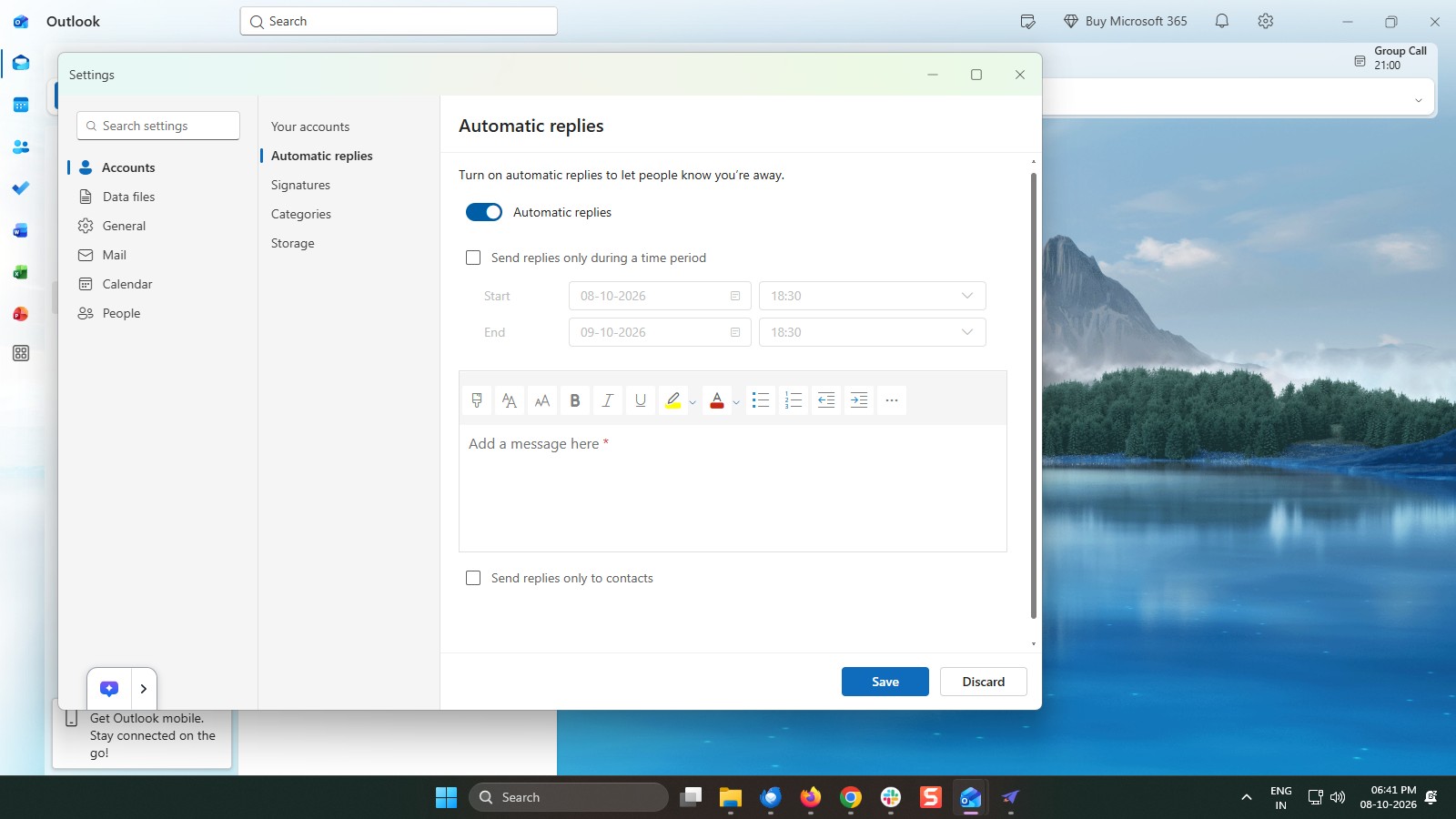 Select the Send replies only during a time period checkbox
