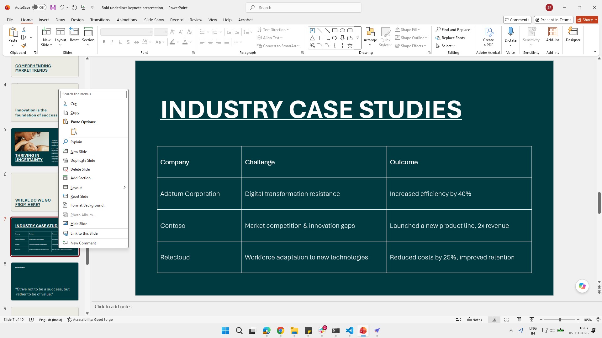Right-click the slide thumbnail and select “Delete Slide” from the menu.