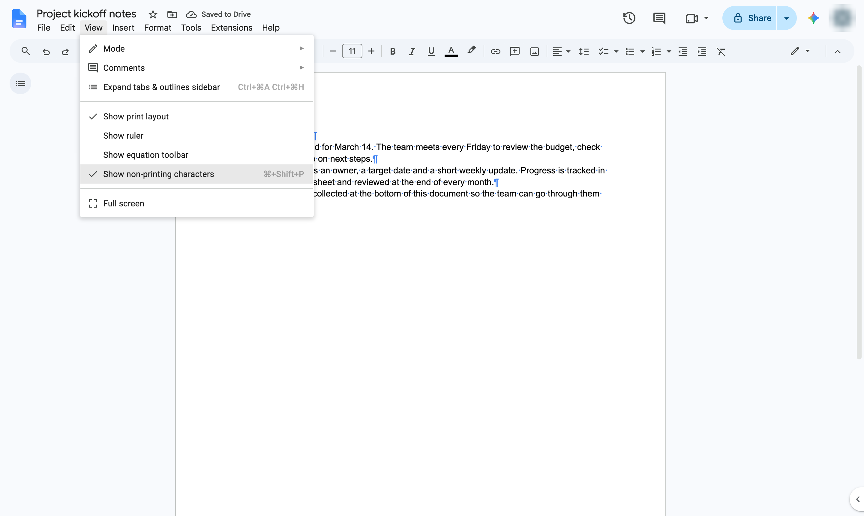 Click Show non-printing characters