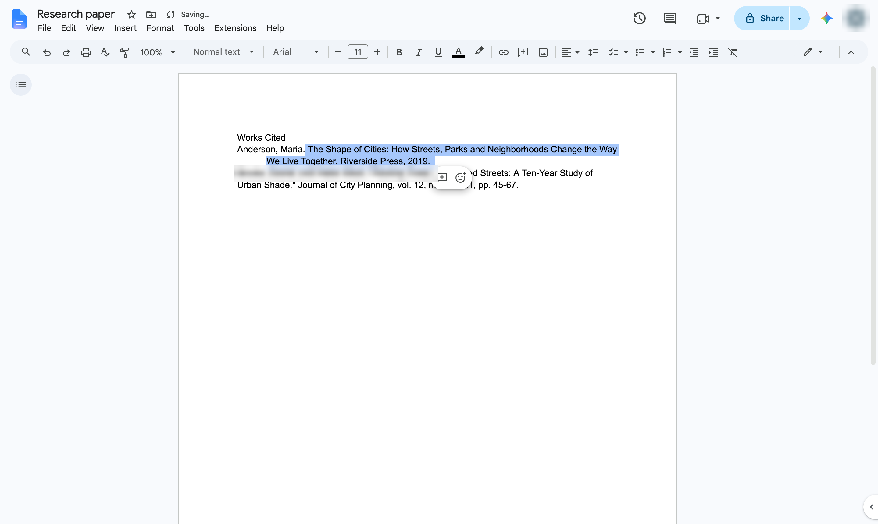 Hanging indent applied