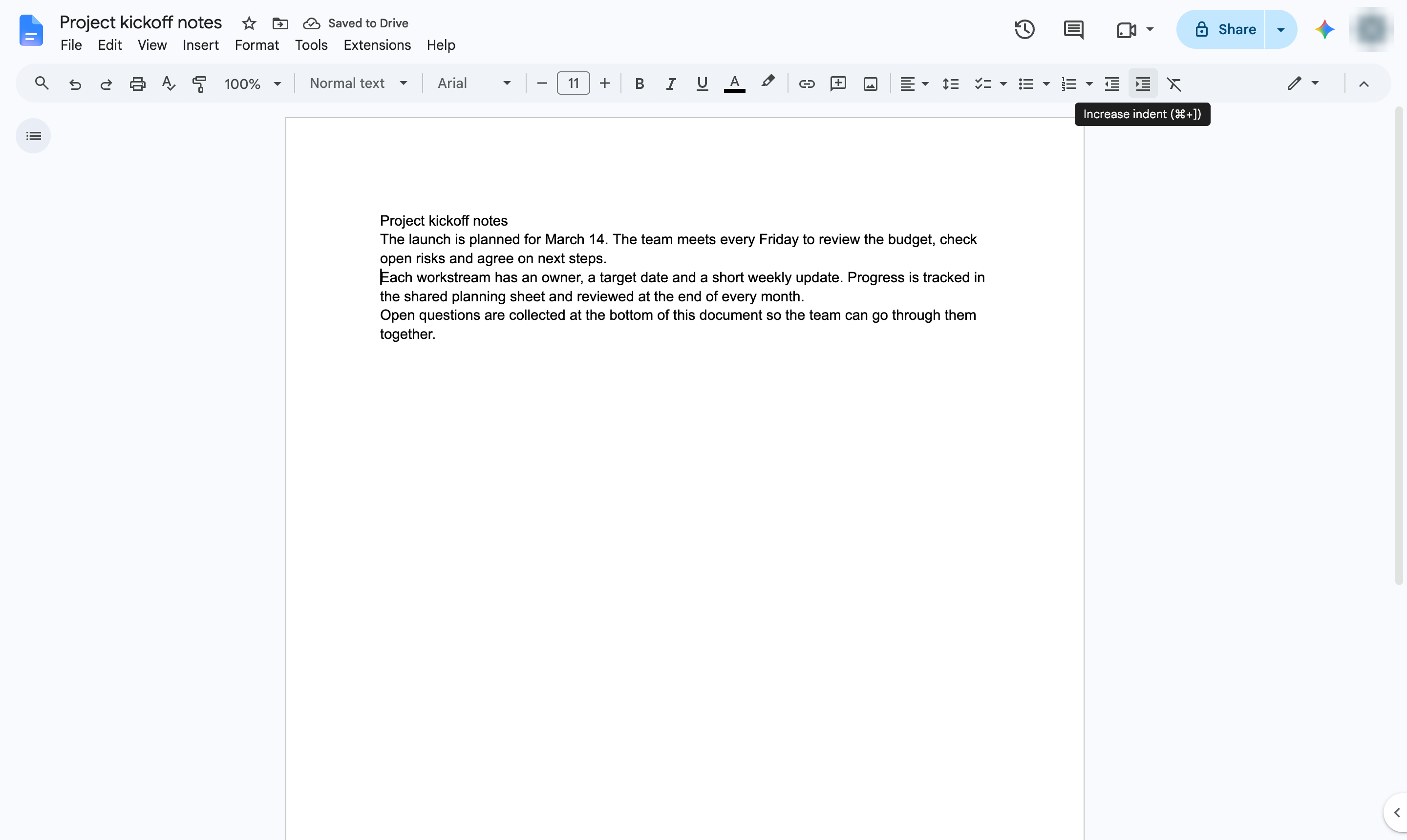 Click Increase indent