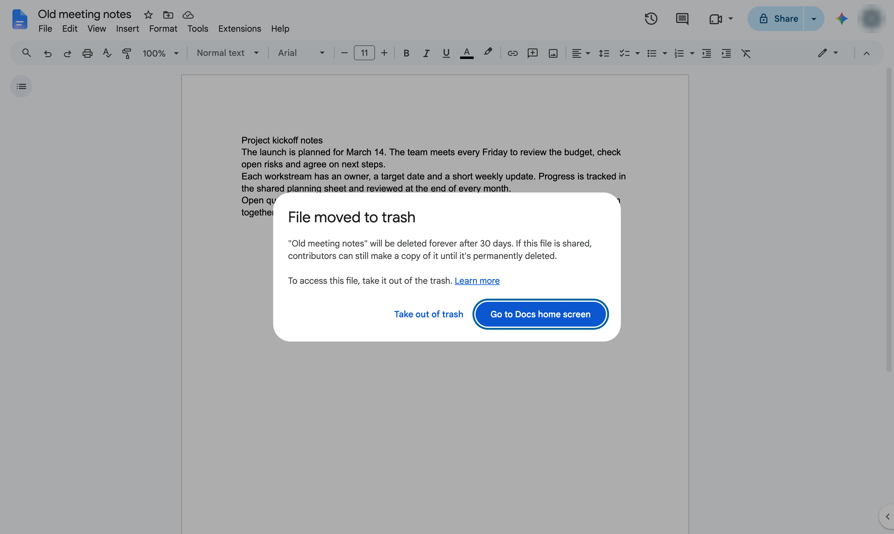 Document moved to trash