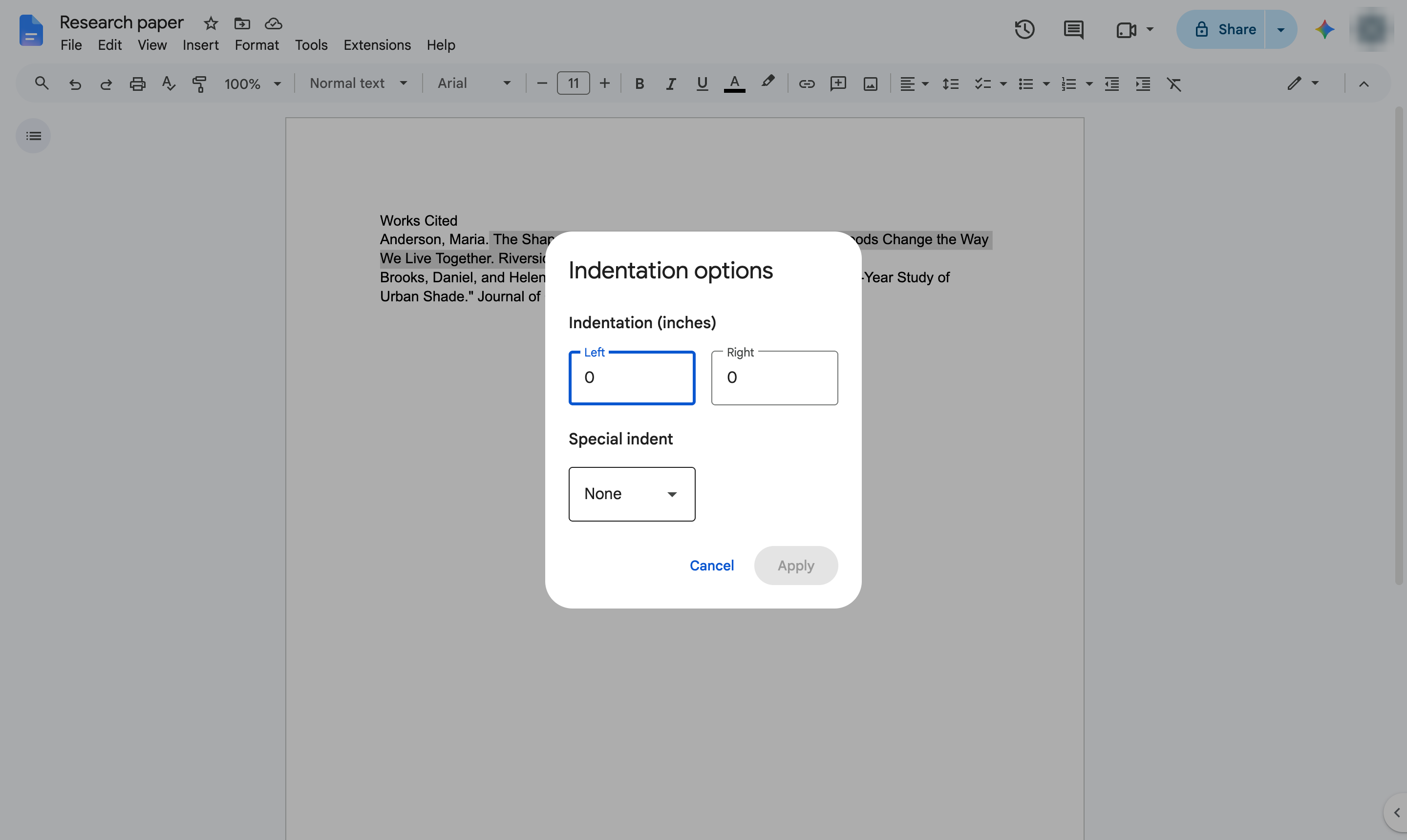 Click Special indent