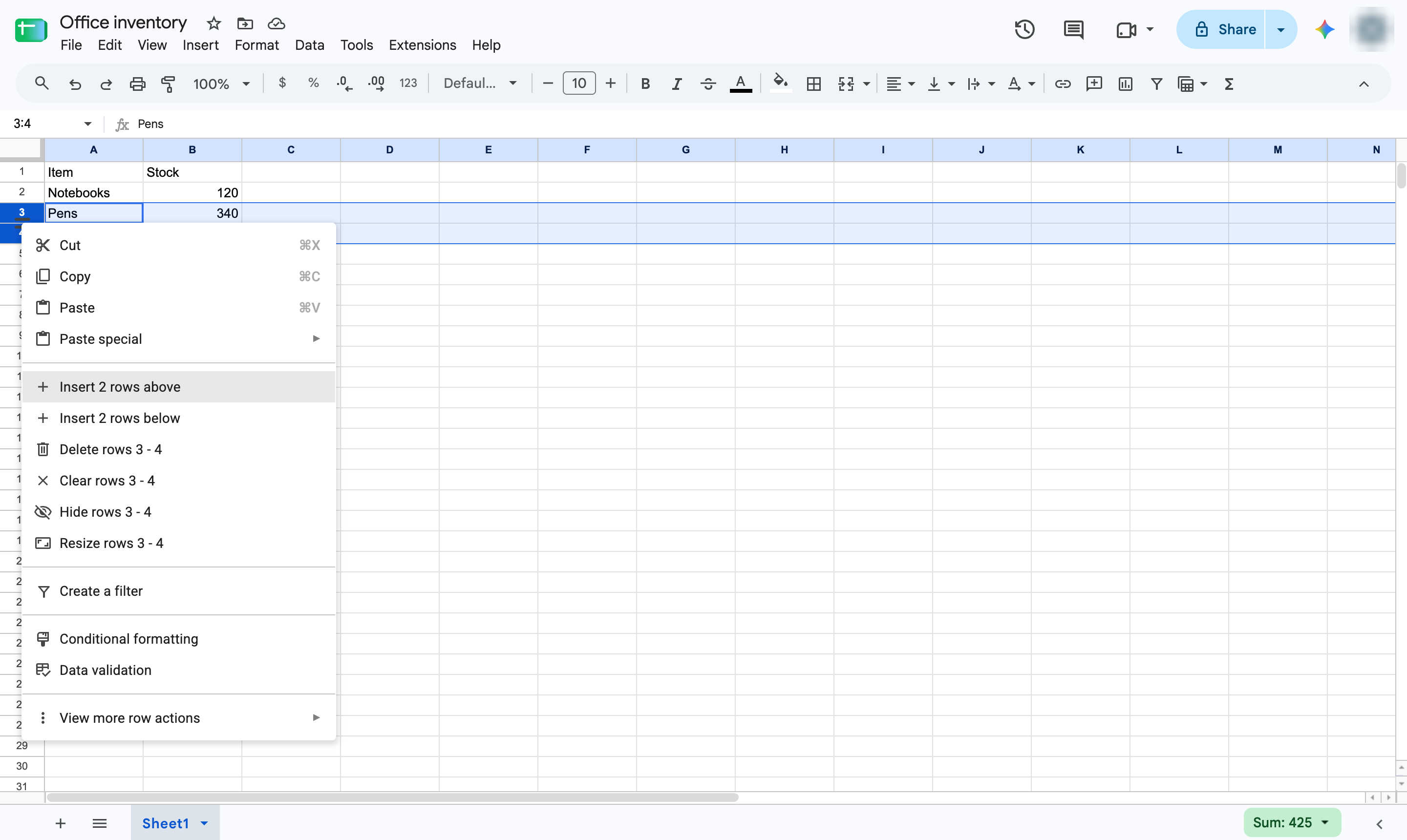 Click Insert 2 rows above