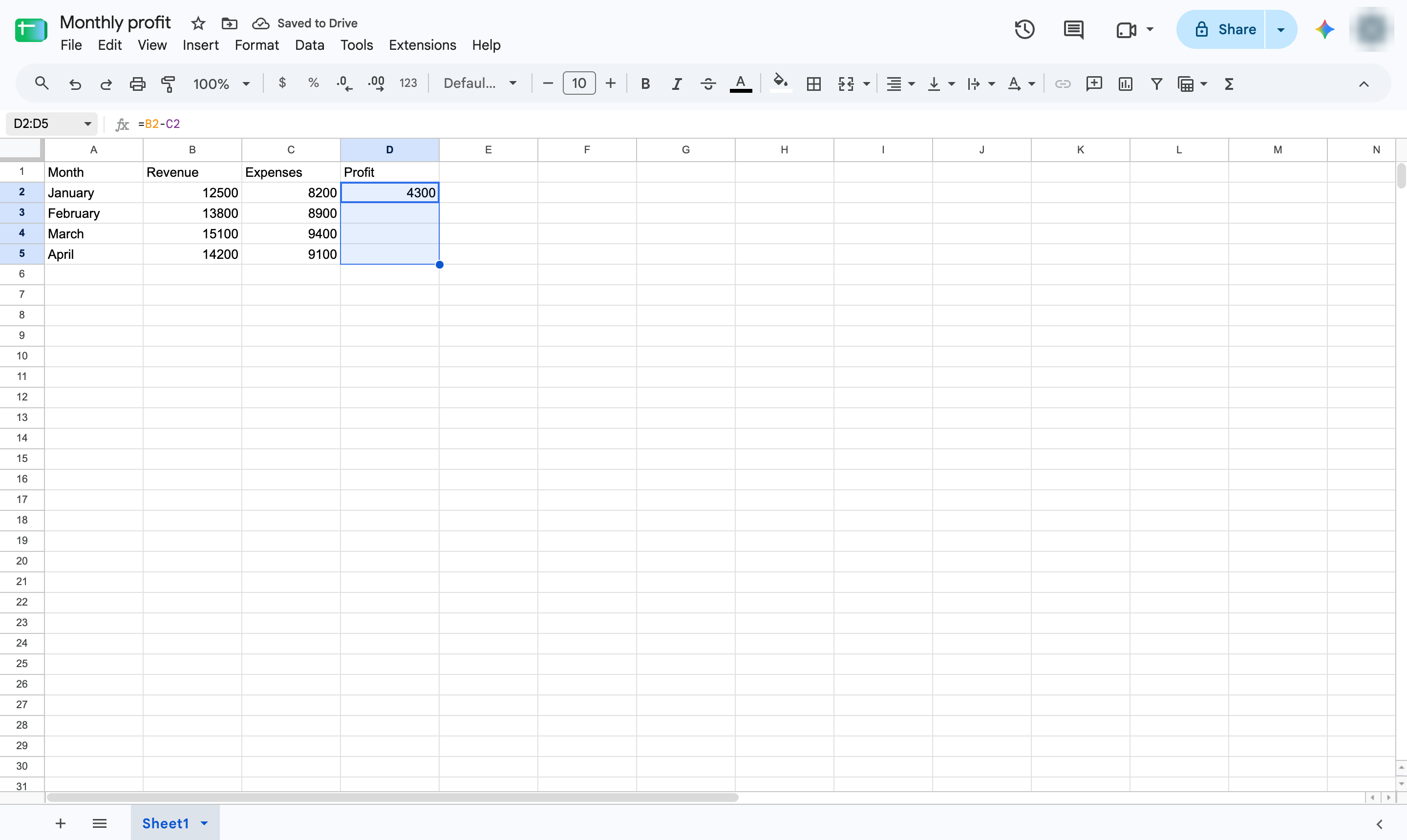 Select the formula cell and the cells below it