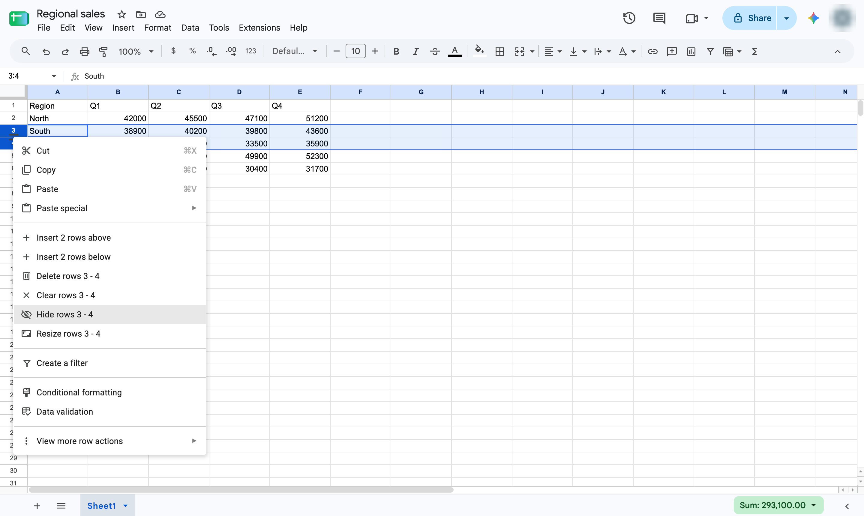 Click Hide rows